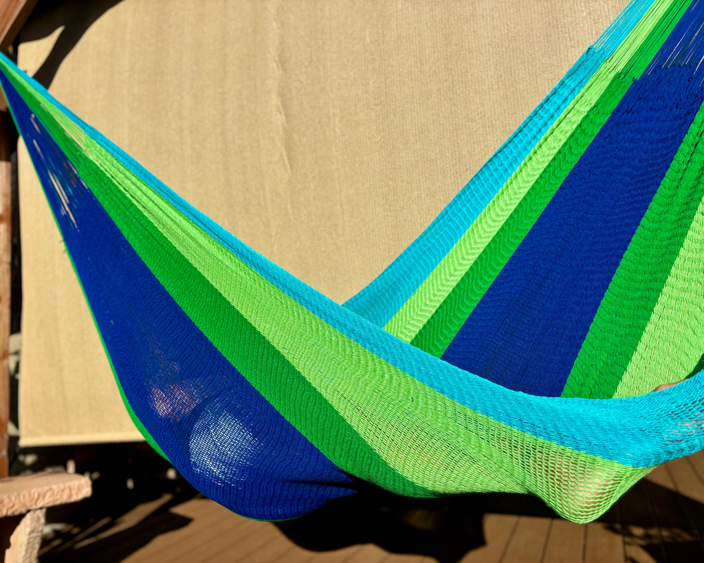 Handwoven Thai Hammock • Weather-Resistant, Fair Trade, Lightweight Green, Dark Green, Aqua, Blue Blend