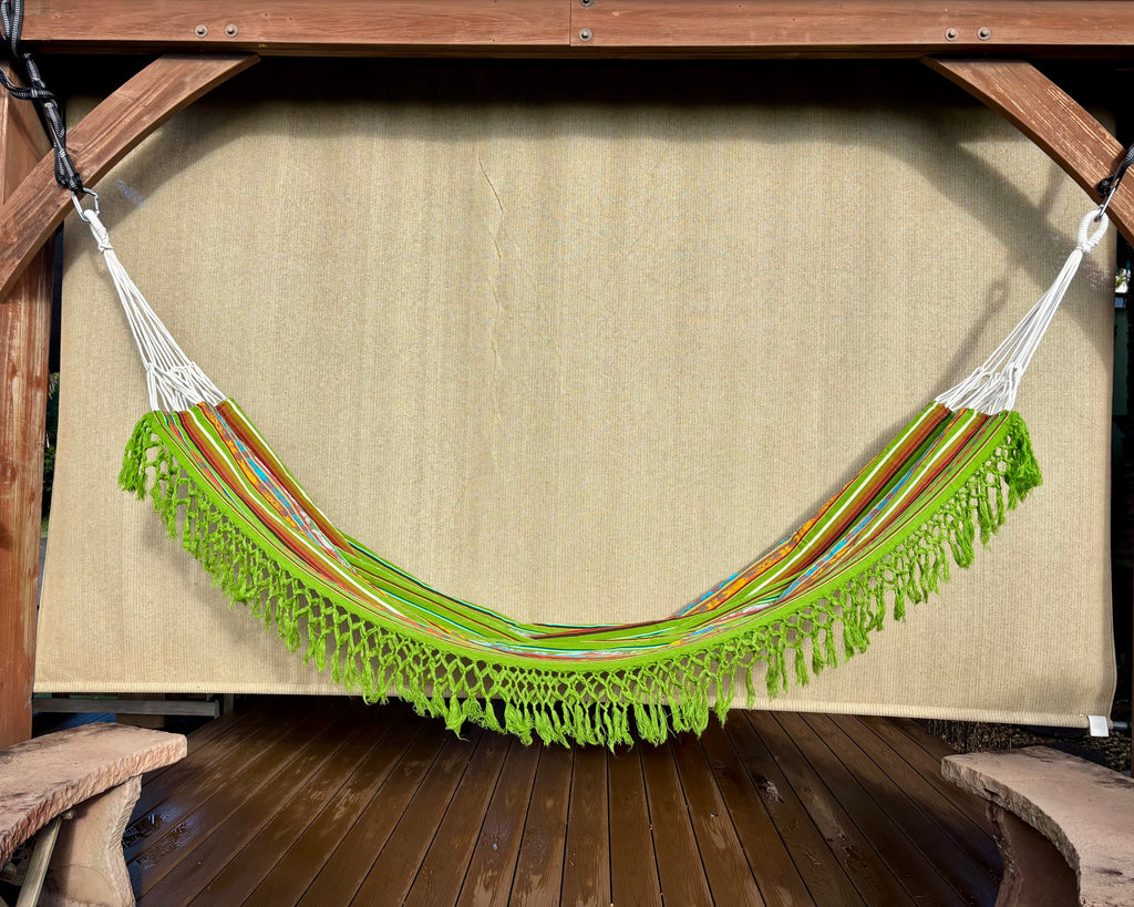Braided Fringe Hammock: Inca Pattern, UV & Mildew Resistant, Lightweight, Light Green Blend
