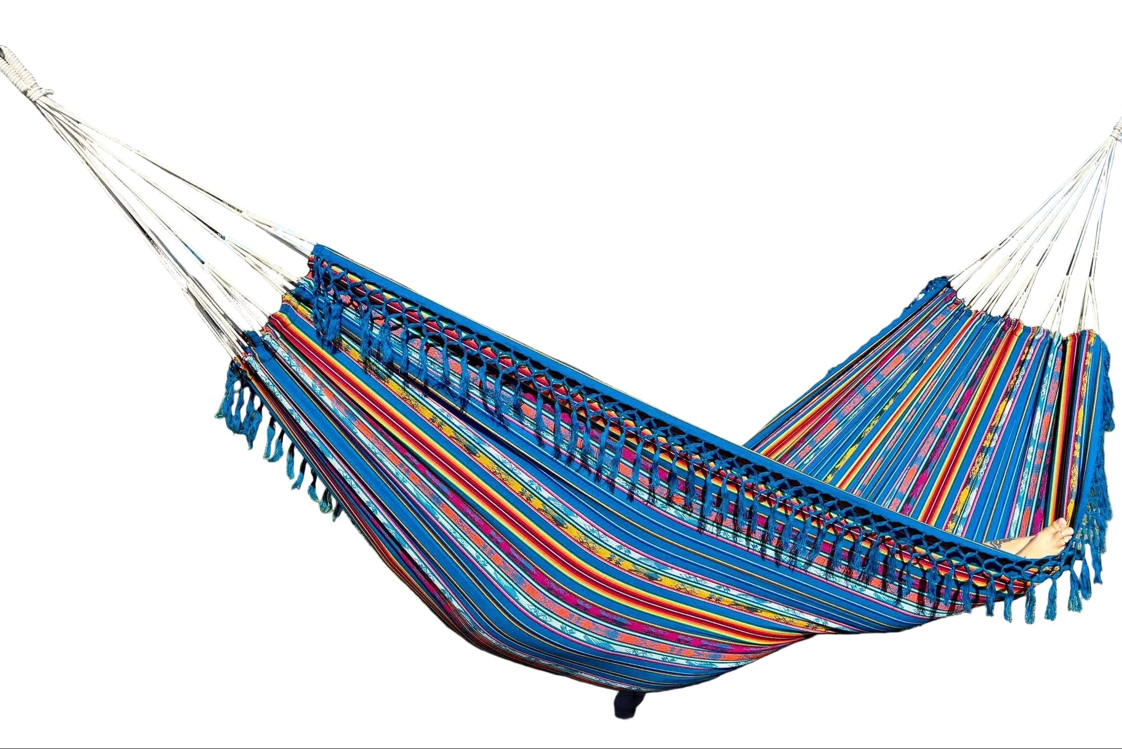 Ecuador Fringe Hammock • Blue Blend II • Handwoven by Artisans • UV-Resistant • 500 lb Rated • Fair Trade • Free Shipping