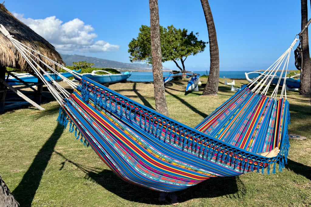 Ecuador Fringe Hammock • Blue Blend II • Handwoven by Artisans • UV-Resistant • 500 lb Rated • Fair Trade • Free Shipping
