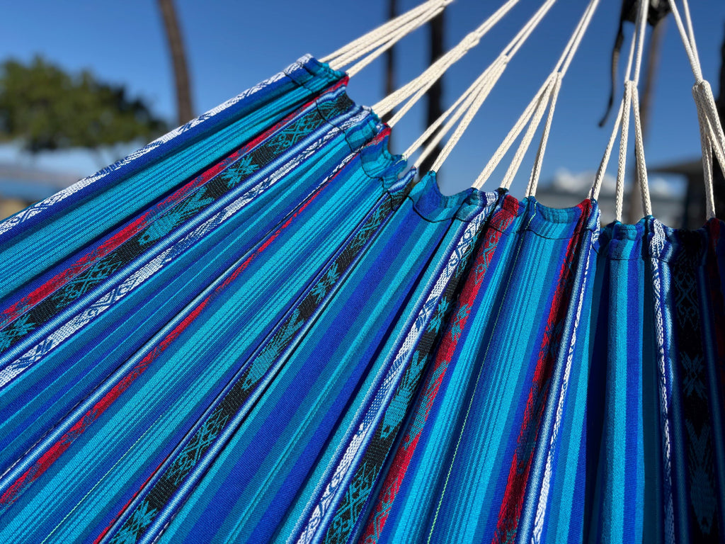 Ecuador Fringe Hammock • Blue Blend • Handwoven by Artisans • UV-Resistant • 500 lb Rated • Fair Trade • Free Shipping