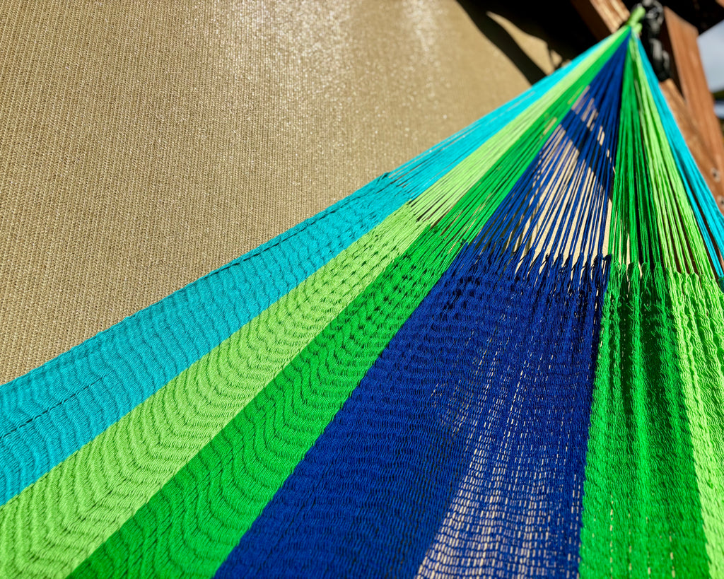 Handwoven Thai Hammock • Weather-Resistant, Fair Trade, Lightweight Green, Dark Green, Aqua, Blue Blend