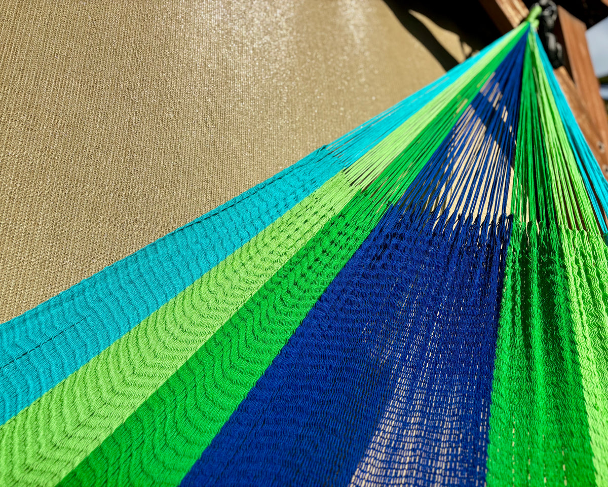 Handwoven Thai Hammock • Weather-Resistant, Fair Trade, Lightweight Green, Dark Green, Aqua, Blue Blend