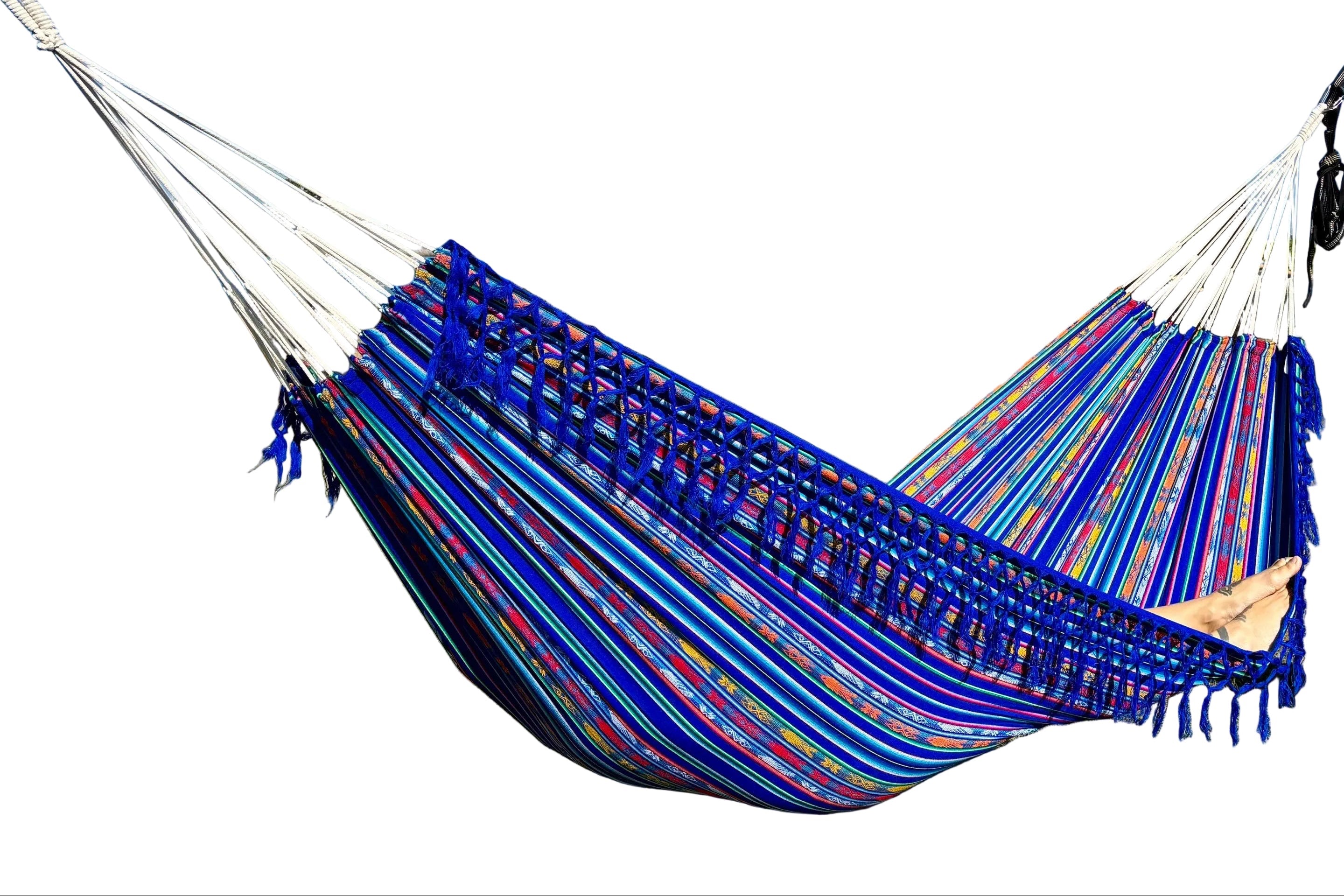 Ecuador Fringe Hammock • Dark Blue Blend • Handwoven by Artisans • UV-Resistant • 500 lb Rated • Fair Trade • Free Shipping