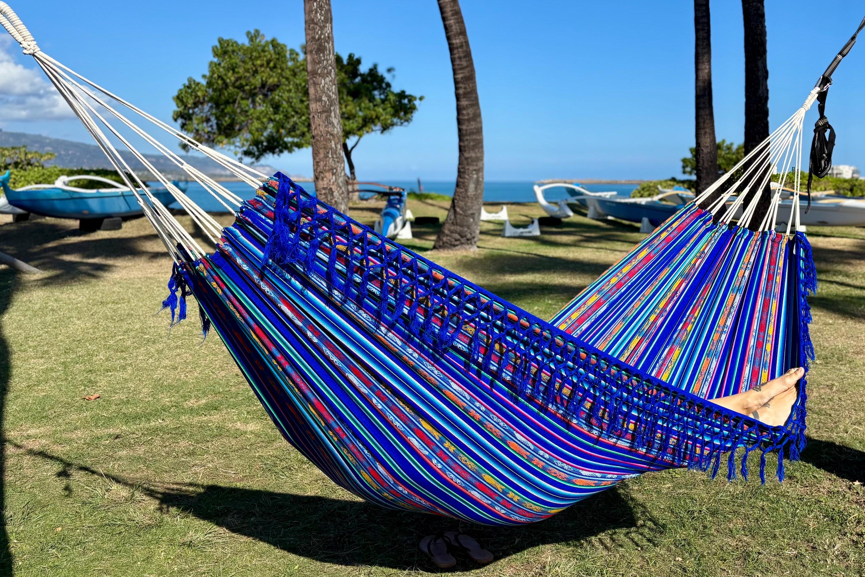 Ecuador Fringe Hammock • Dark Blue Blend • Handwoven by Artisans • UV-Resistant • 500 lb Rated • Fair Trade • Free Shipping