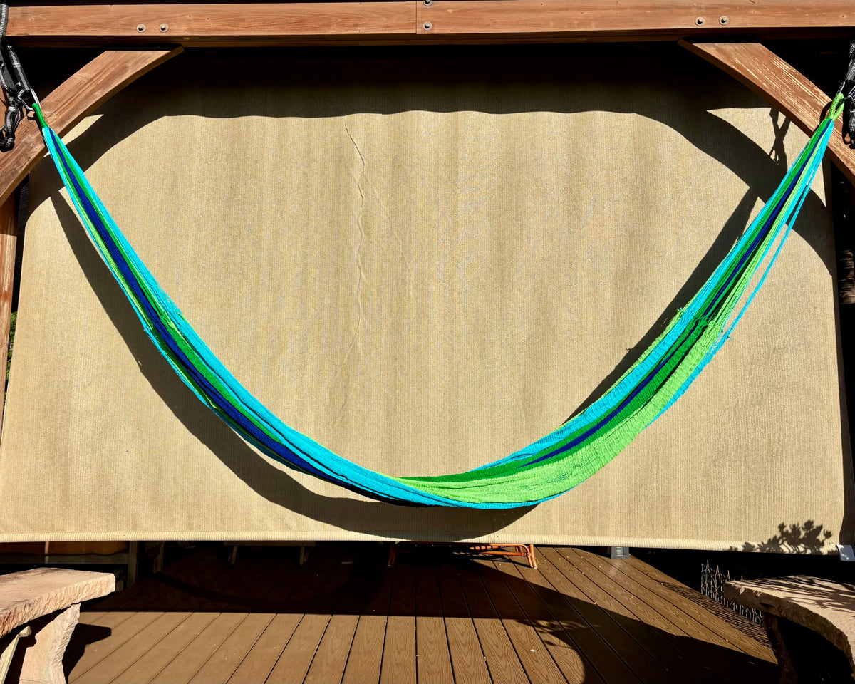 Handwoven Thai Hammock • Weather-Resistant, Fair Trade, Lightweight Green, Dark Green, Aqua, Blue Blend
