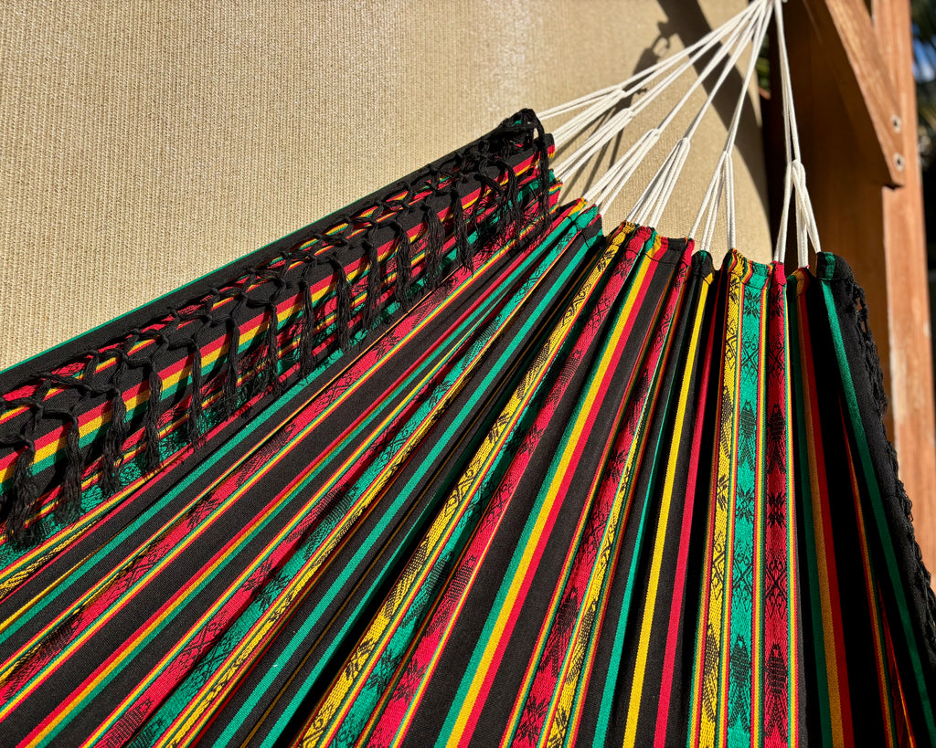 Braided Fringe Hammock: Inca Pattern, UV & Mildew Resistant, Lightweight, Rasta Color