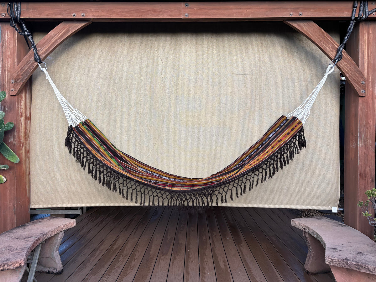 Braided Fringe Hammock: Inca Pattern, UV & Mildew Resistant, Lightweight, Coffee Color Blend