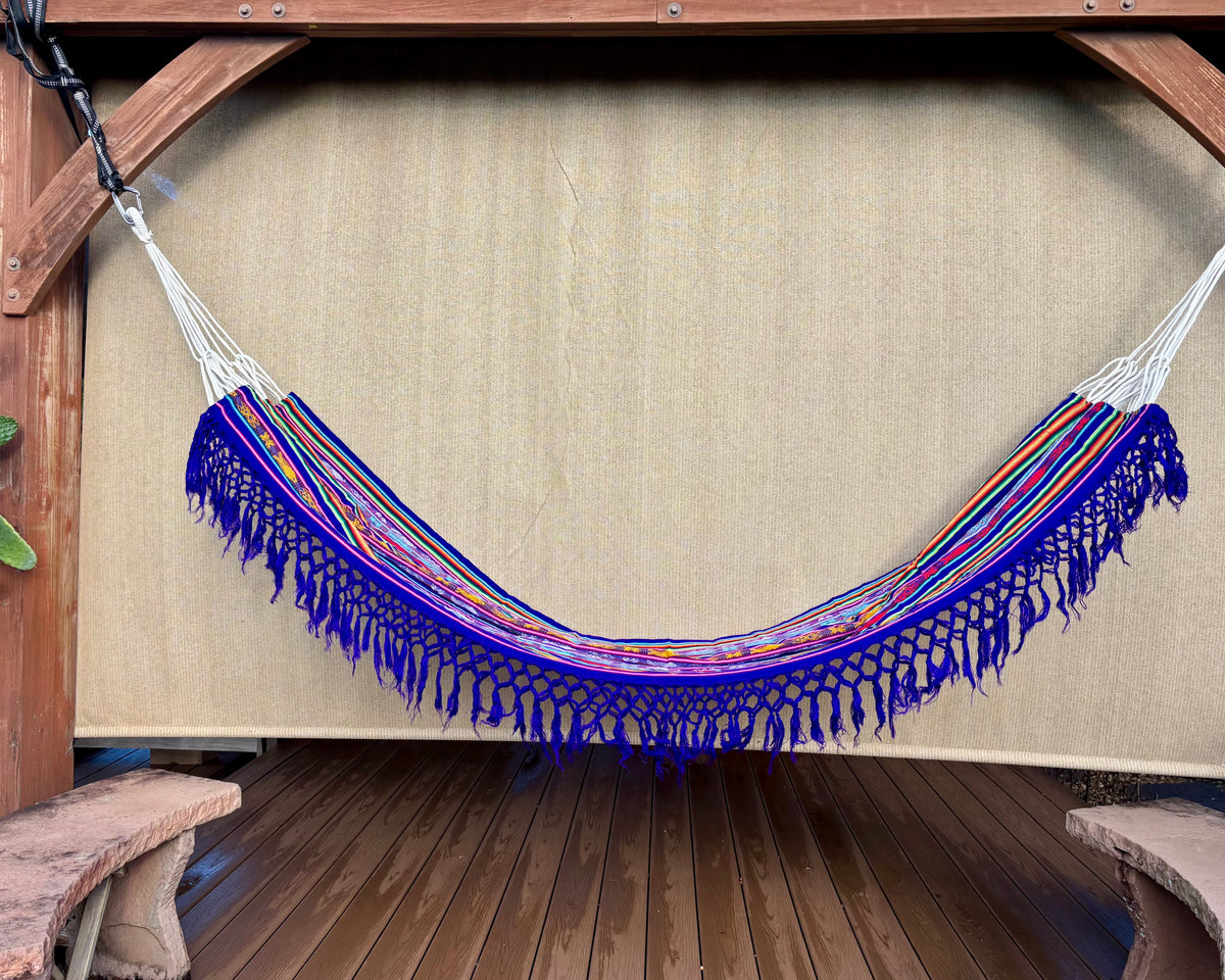 Braided Fringe Hammock: Inca Pattern, UV & Mildew Resistant, Lightweight, Purple Multicolor