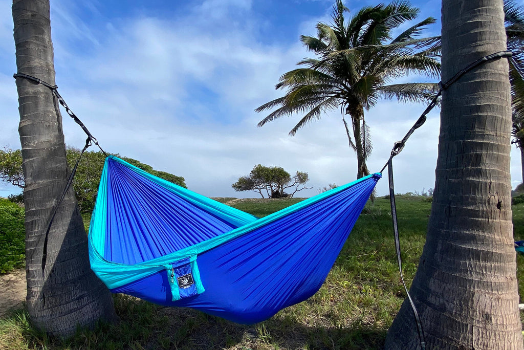 Parachute Silk Camping Hammock • Double XXL 6.5’x10’ • 440 lb Rated • Includes Carabiners & Stuff Sack • Ultralight & Packable • Handcrafted in Bali Since 1996