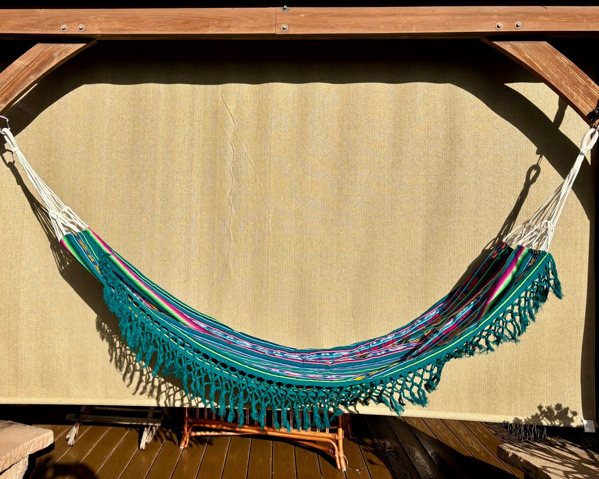 Braided Fringe Hammock: Inca Pattern, UV & Mildew Resistant, Lightweight, Sea Foam Color Blend