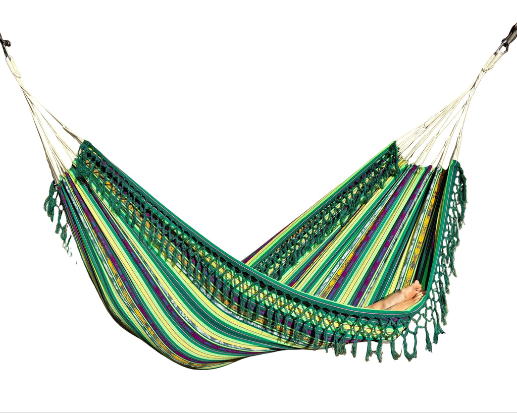 Braided Fringe Hammock: Inca Pattern, UV & Mildew Resistant, Lightweight, Green Blend