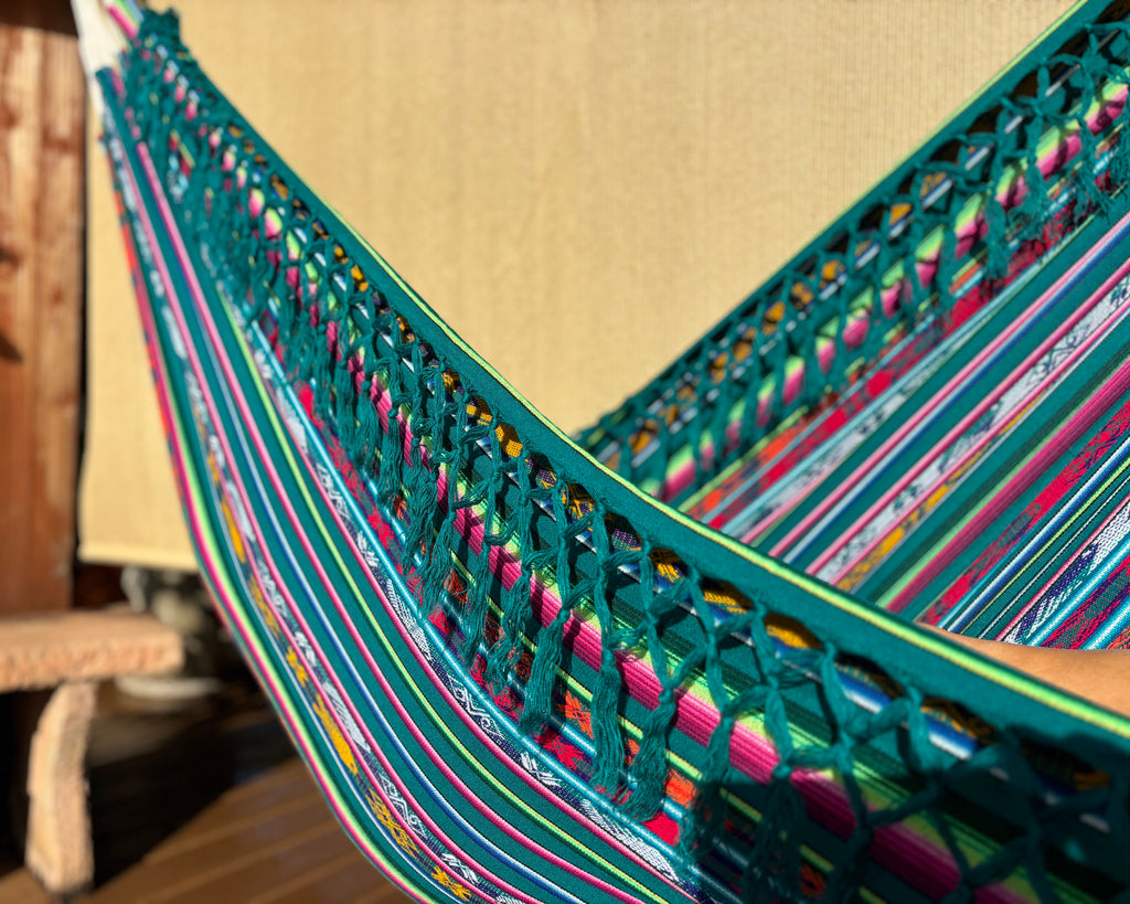 Braided Fringe Hammock: Inca Pattern, UV & Mildew Resistant, Lightweight, Sea Foam Color Blend