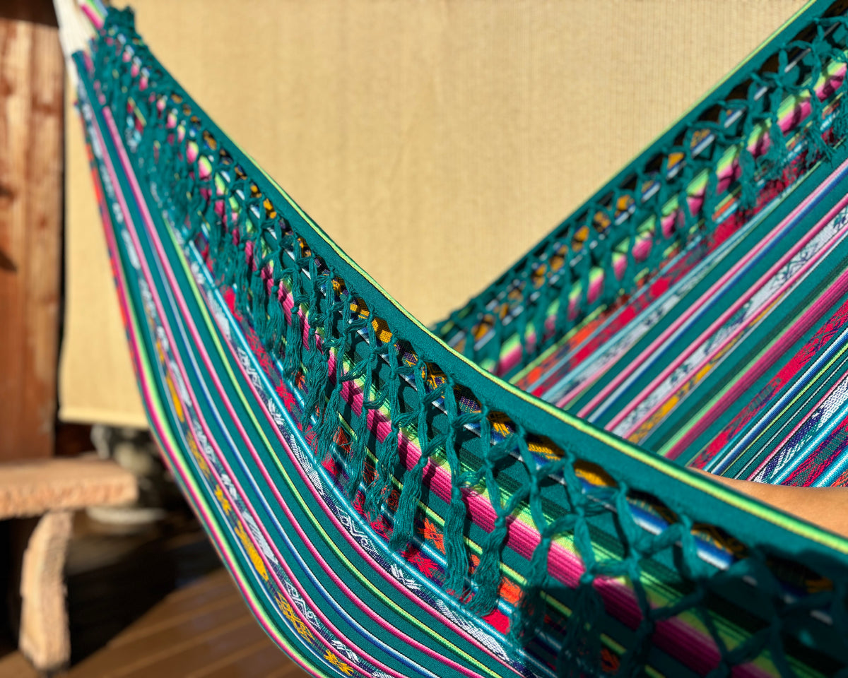 Braided Fringe Hammock: Inca Pattern, UV & Mildew Resistant, Lightweight, Sea Foam Color Blend