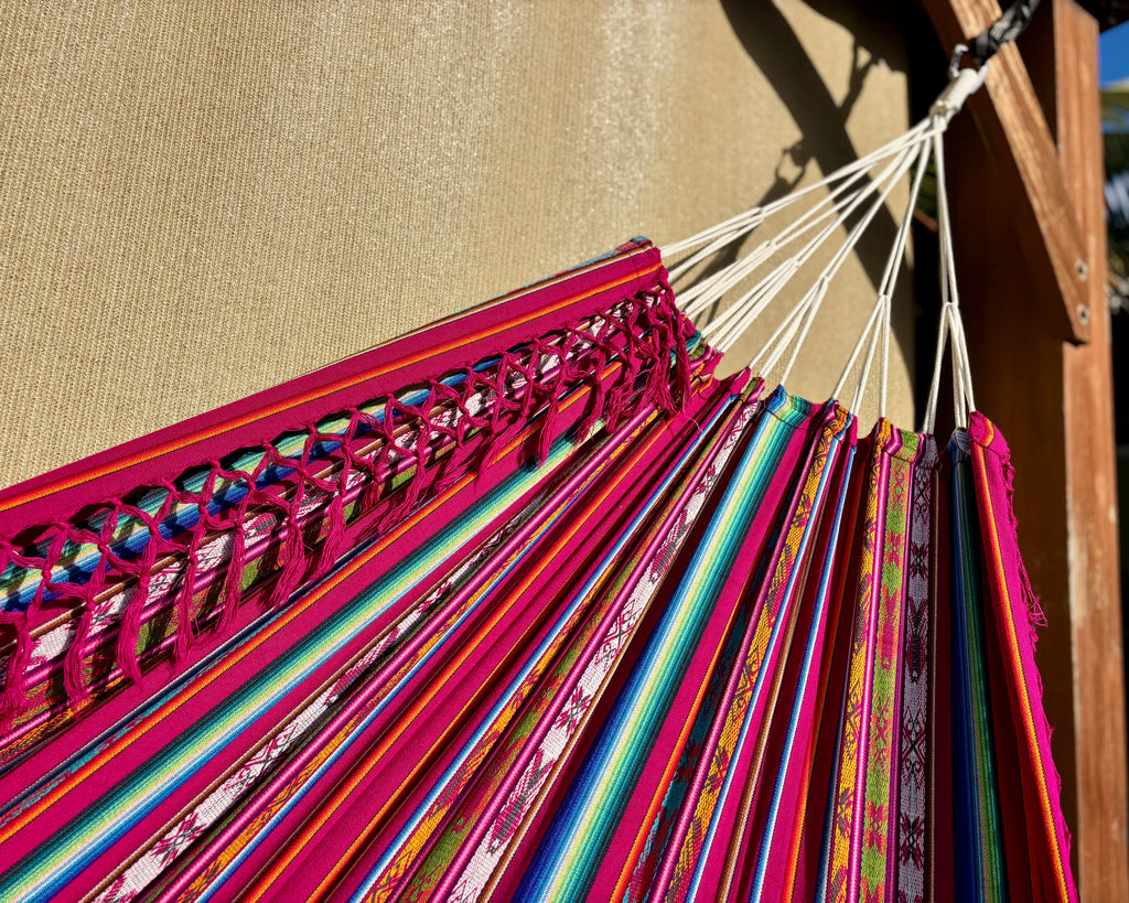 Braided Fringe Hammock: Inca Pattern, UV & Mildew Resistant, Lightweight, Fuchsia Color
