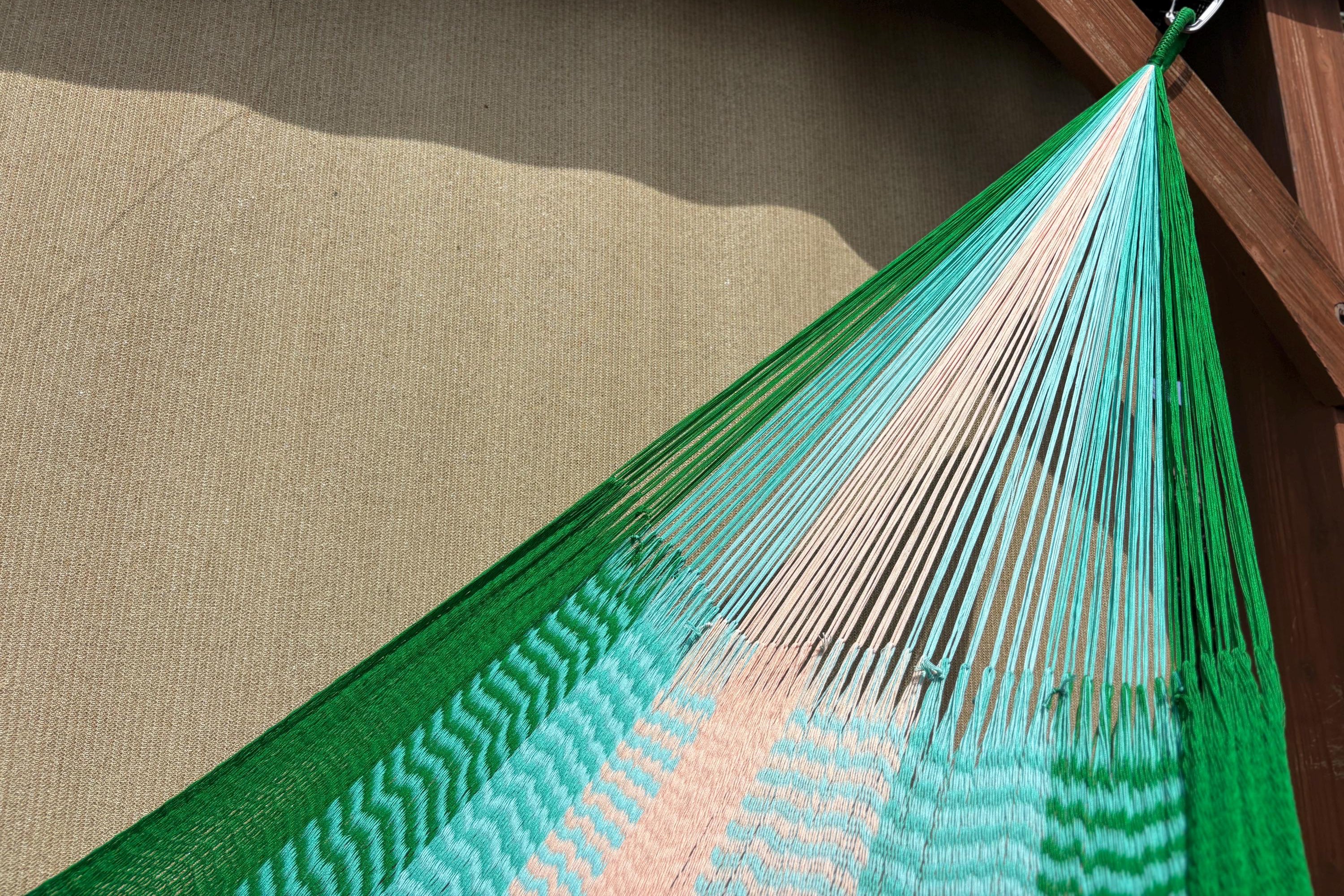 Handwoven Thai Hammock • Weather-Resistant, Fair Trade Green/Light Blue/Peach Blend