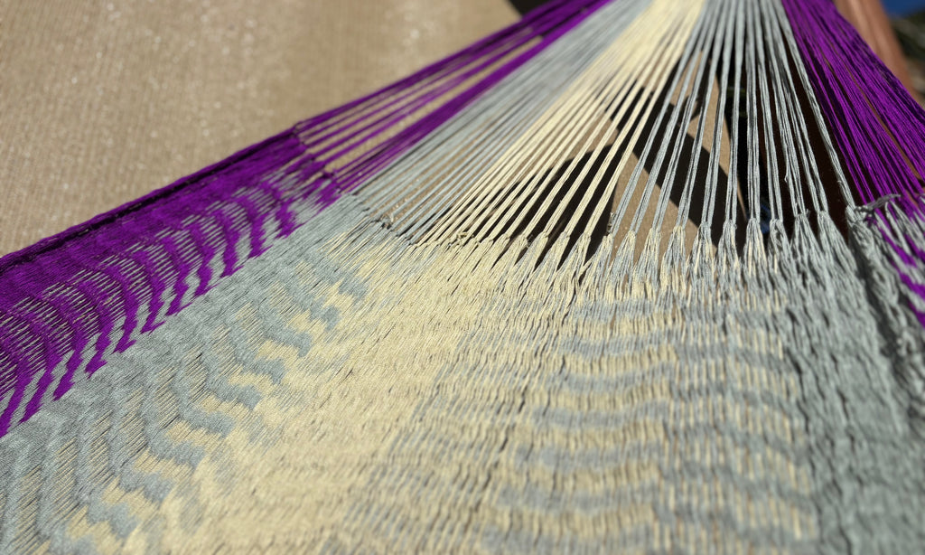 Handwoven Thai Hammock • Weather-Resistant, Fair Trade (Cream, Grey , Purple)