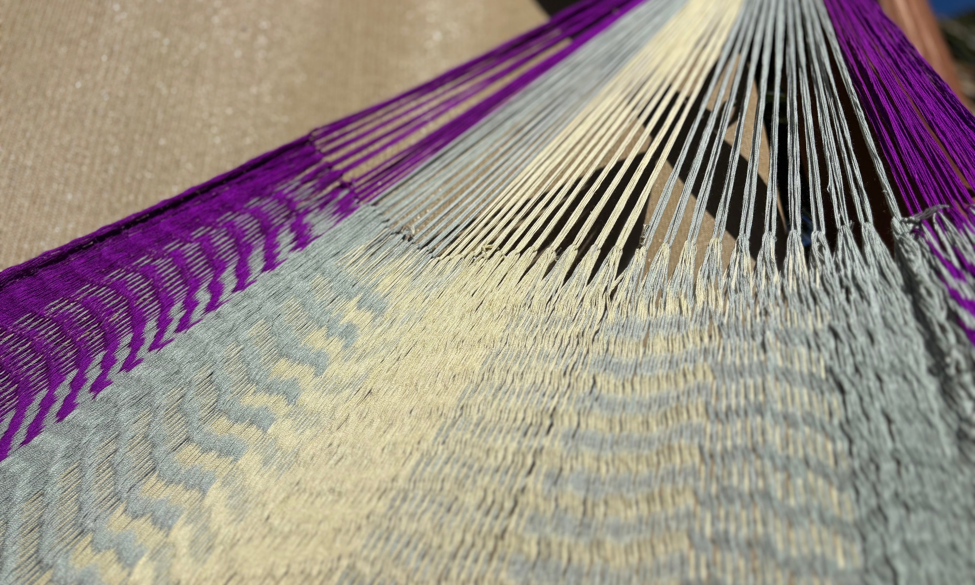 Handwoven Thai Hammock • Weather-Resistant, Fair Trade (Cream, Grey , Purple)