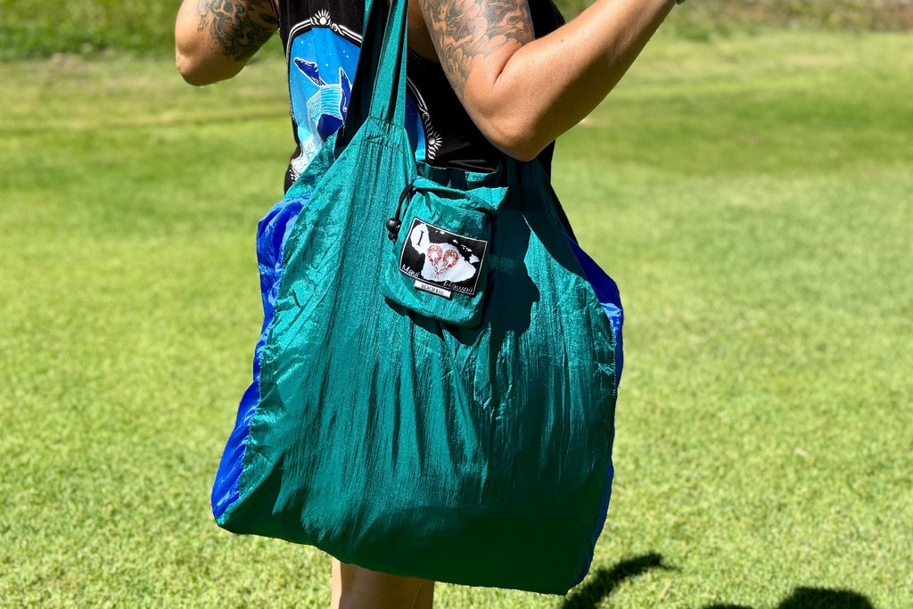 Aqua/ Black - Parachute Silk Beach Bag: Ultralight, Compact Tote from Maui