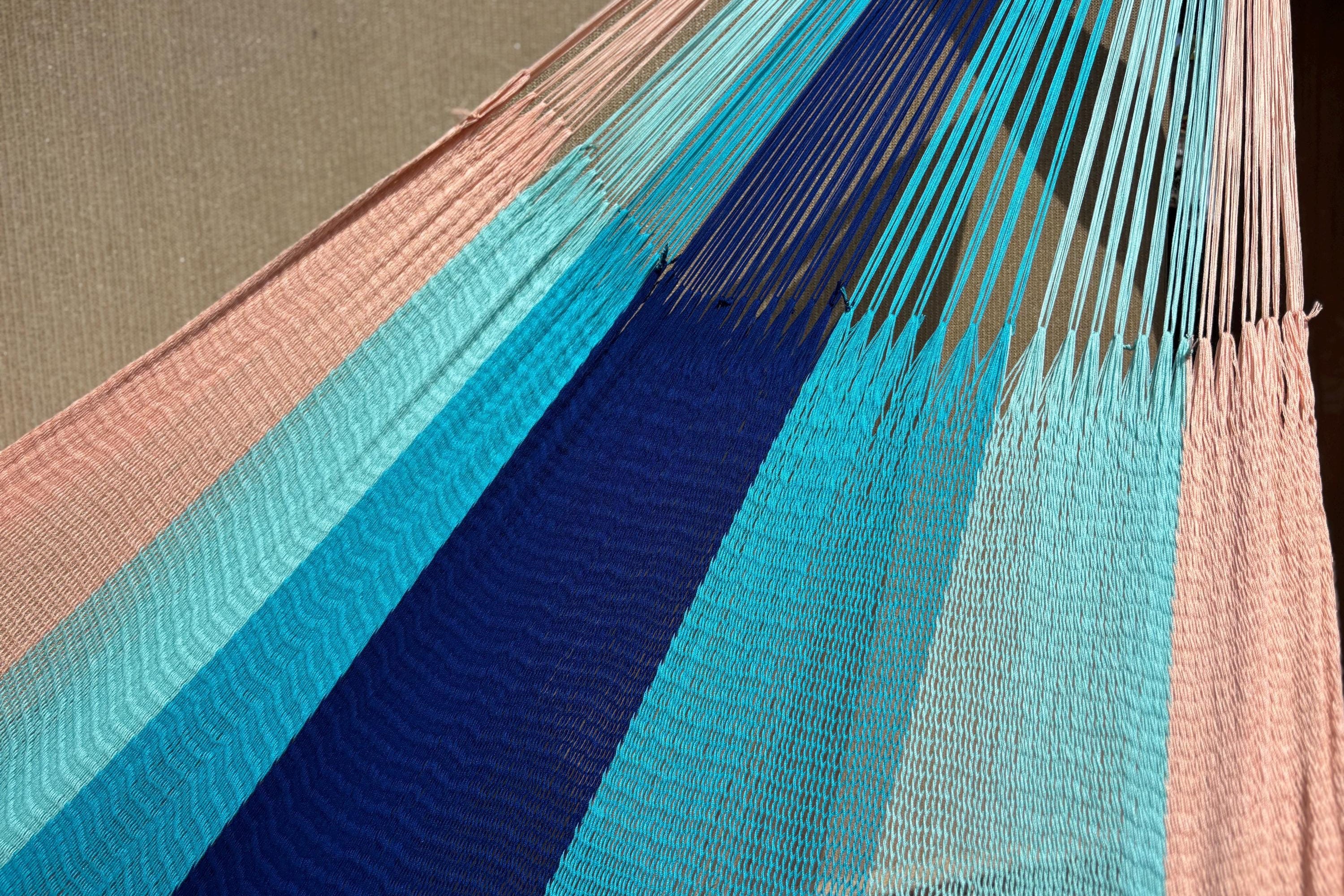 Handwoven Thai Hammock • Weather-Resistant, Fair Trade Light Blue, Dark Blue, Peach Blend