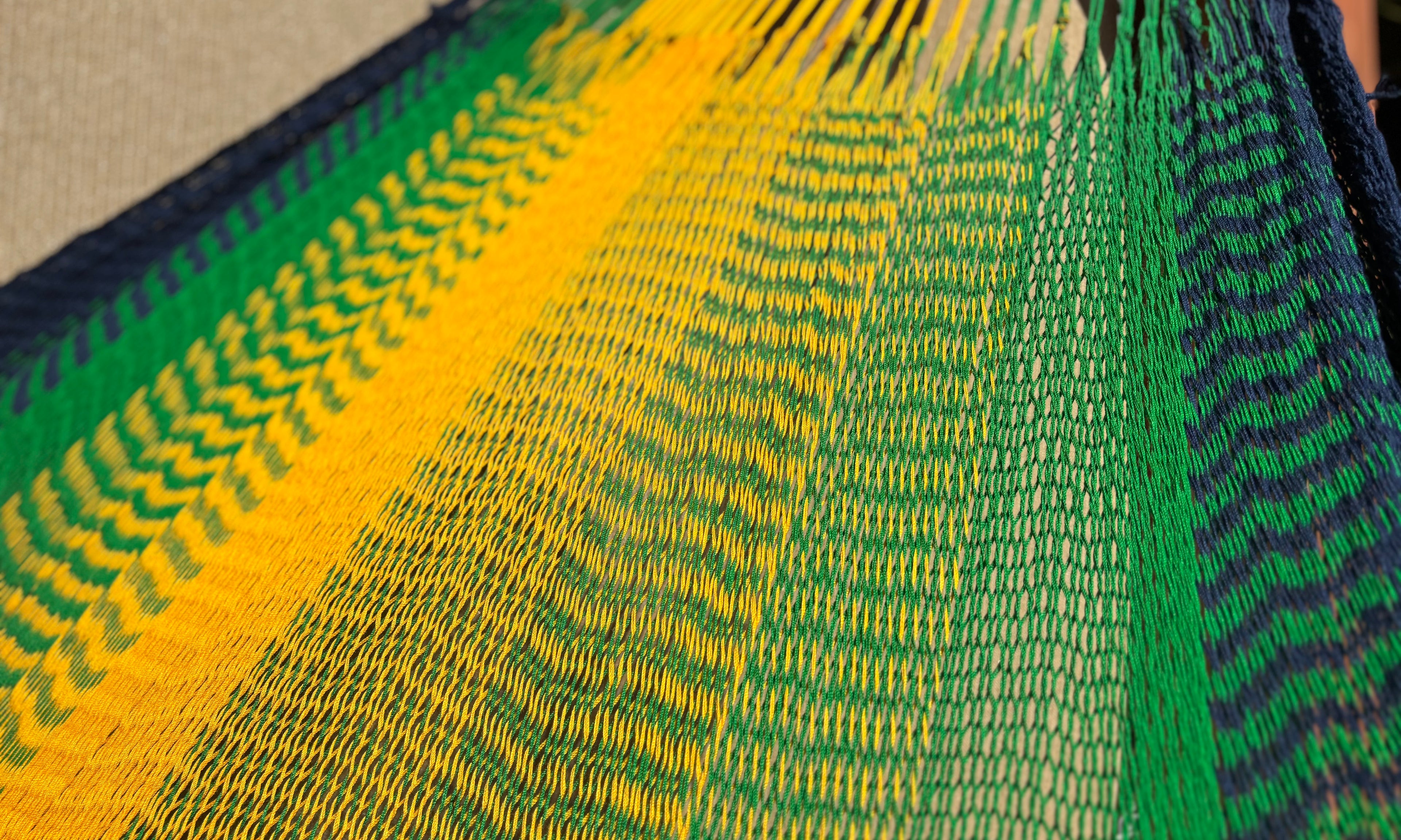 Handwoven Thai Hammock • Weather-Resistant, Fair Trade (Light Green, Dark Blue, Yellow Blend)