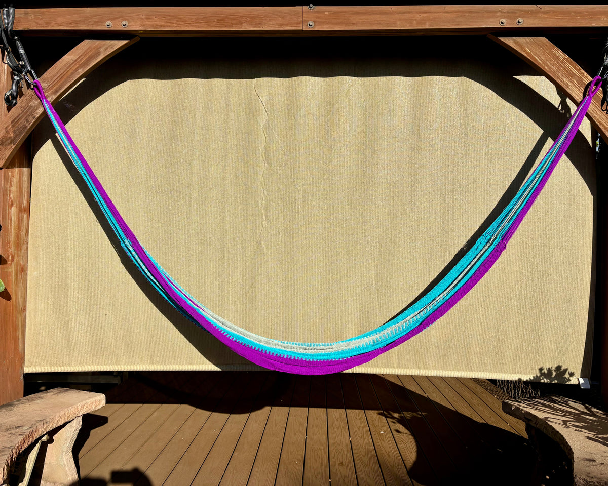 Handwoven Thai Hammock • Weather-Resistant • Fair Trade (Purple, Aqua, Grey Blend)