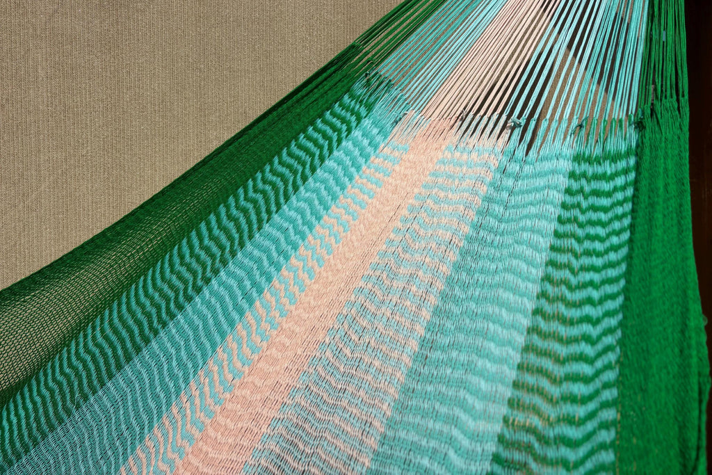 Handwoven Thai Hammock • Weather-Resistant, Fair Trade Green/Light Blue/Peach Blend