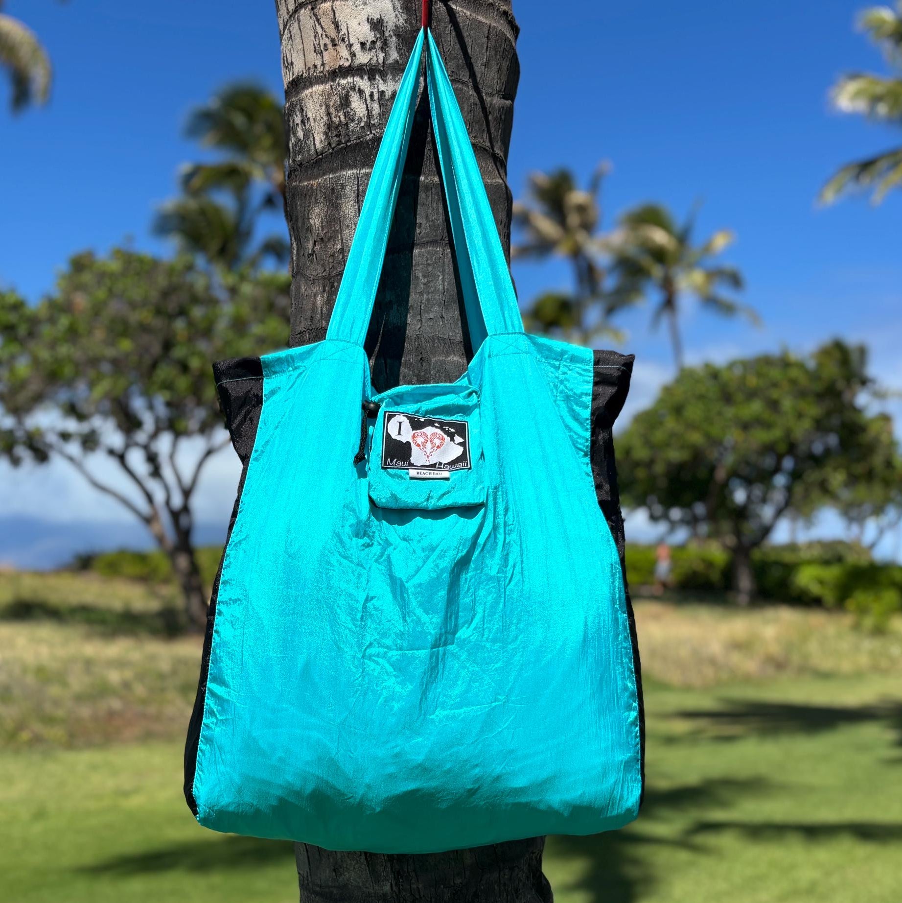 Aqua & Black Parachute Silk Beach Bag – Ultralight Compact Tote