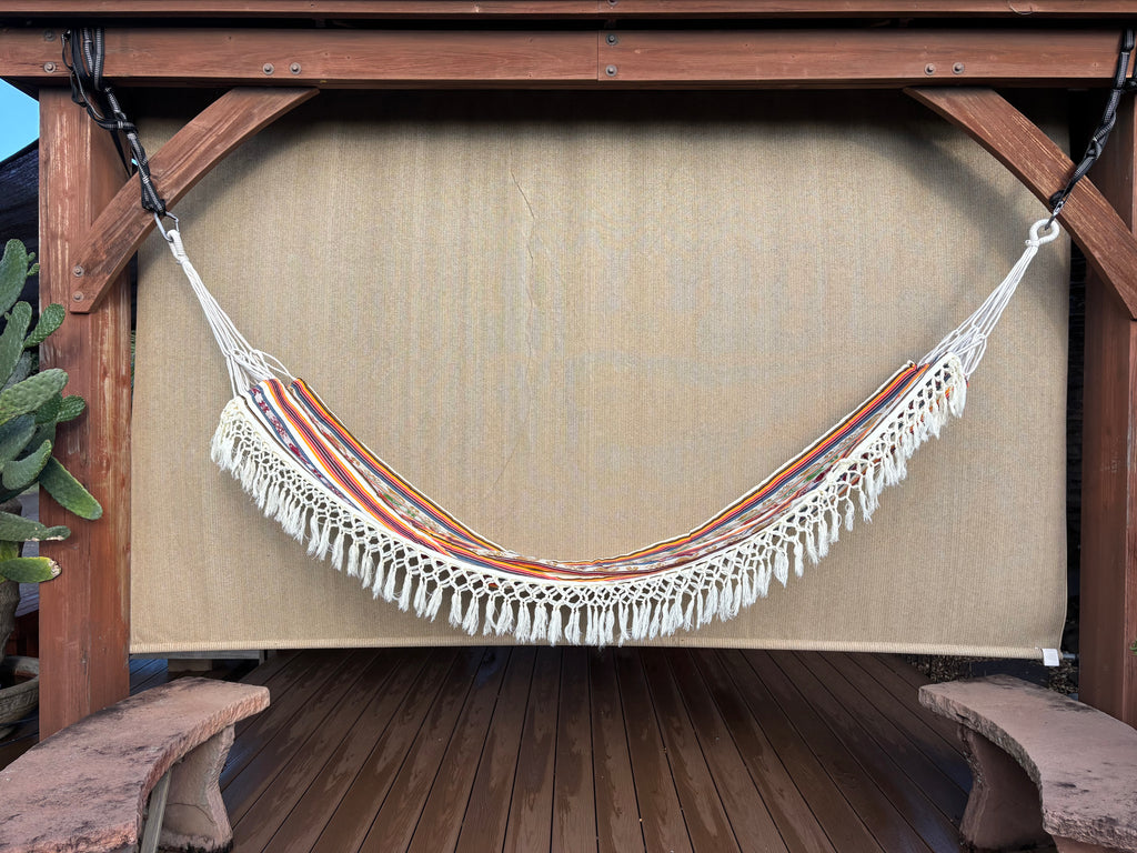 Braided Fringe Hammock: Inca Pattern, UV & Mildew Resistant, Lightweight, Cream Multicolor
