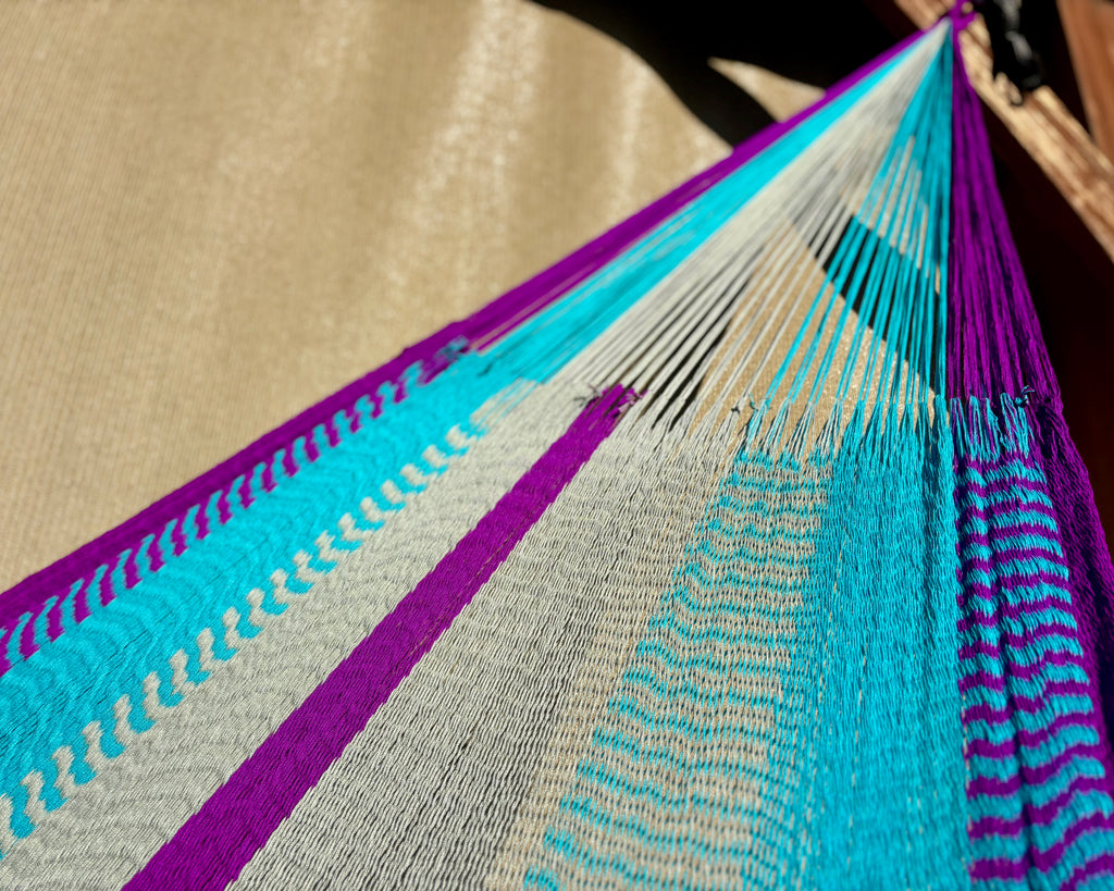 Handwoven Thai Hammock • Weather-Resistant • Fair Trade (Purple, Aqua, Grey Blend)