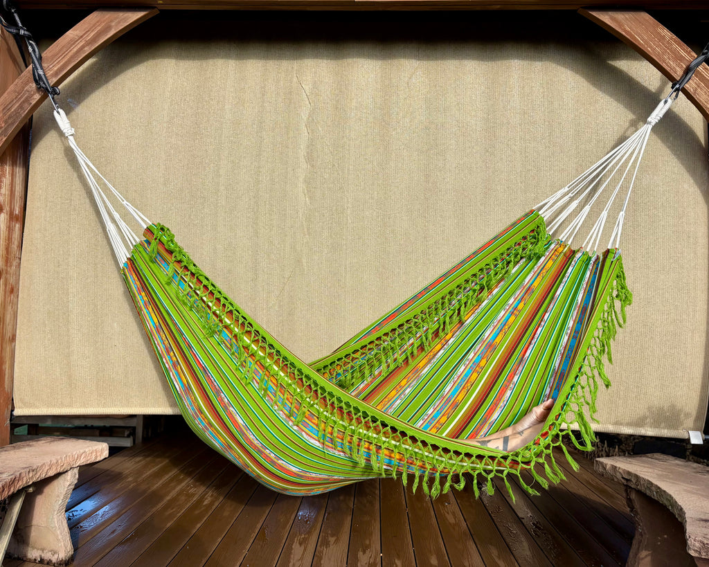 Braided Fringe Hammock: Inca Pattern, UV & Mildew Resistant, Lightweight, Light Green Blend