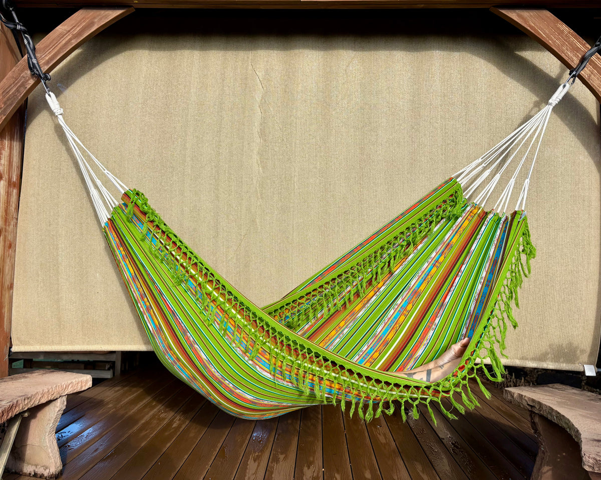 Braided Fringe Hammock: Inca Pattern, UV & Mildew Resistant, Lightweight, Light Green Blend