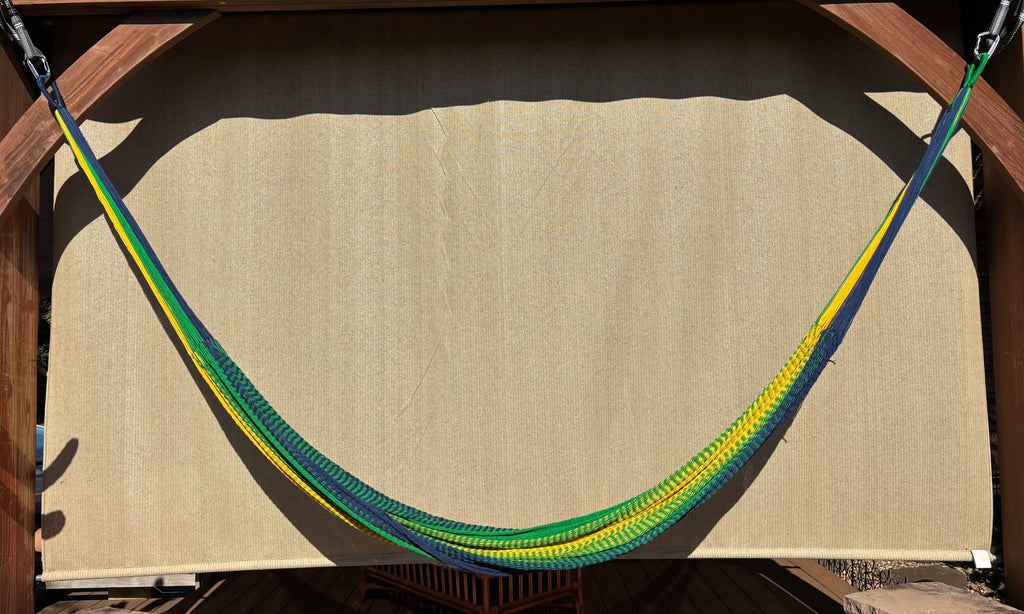 Handwoven Thai Hammock • Weather-Resistant, Fair Trade (Light Green, Dark Blue, Yellow Blend)