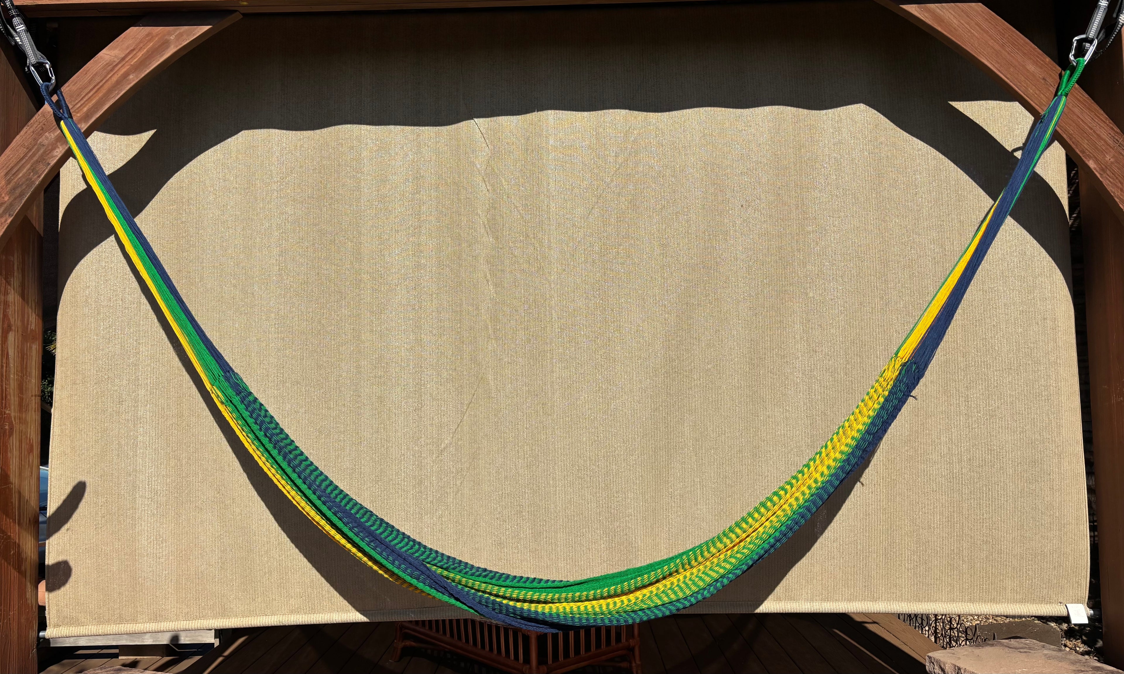 Handwoven Thai Hammock • Weather-Resistant, Fair Trade (Light Green, Dark Blue, Yellow Blend)