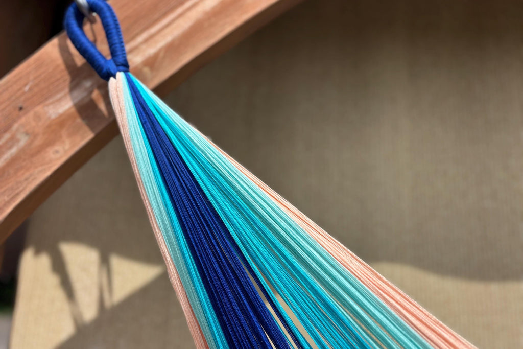 Handwoven Thai Hammock • Weather-Resistant, Fair Trade Light Blue, Dark Blue, Peach Blend