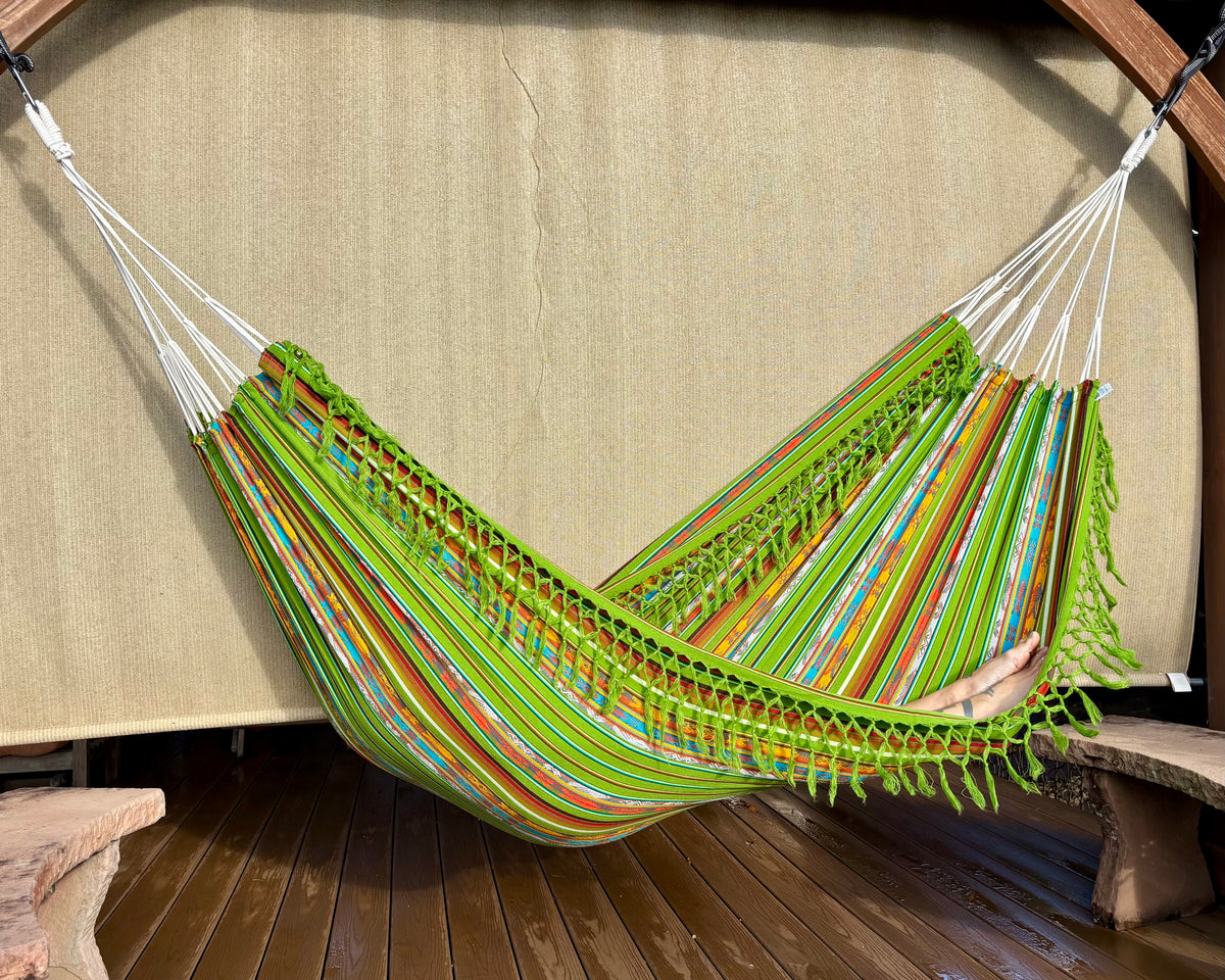 Braided Fringe Hammock: Inca Pattern, UV & Mildew Resistant, Lightweight, Light Green Blend