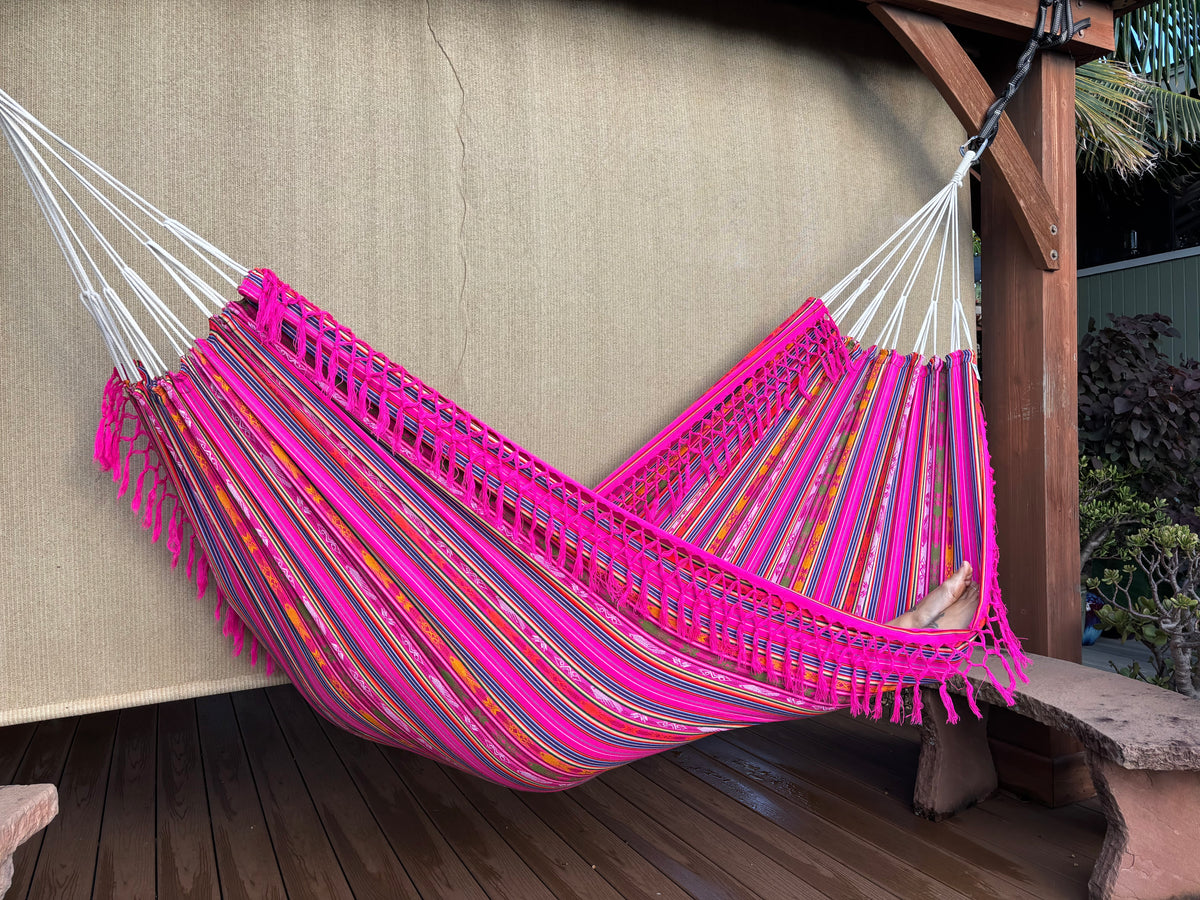 Braided Fringe Hammock: Inca Pattern, UV & Mildew Resistant, Lightweight, Pink Multicolor