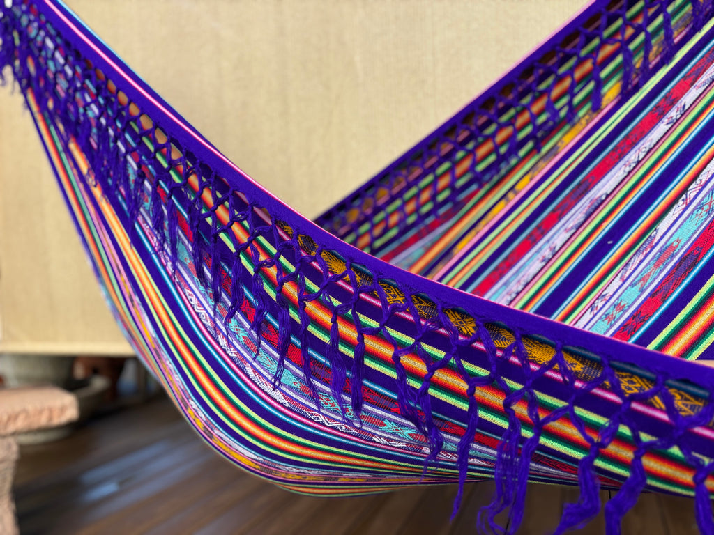 Braided Fringe Hammock: Inca Pattern, UV & Mildew Resistant, Lightweight, Purple Multicolor