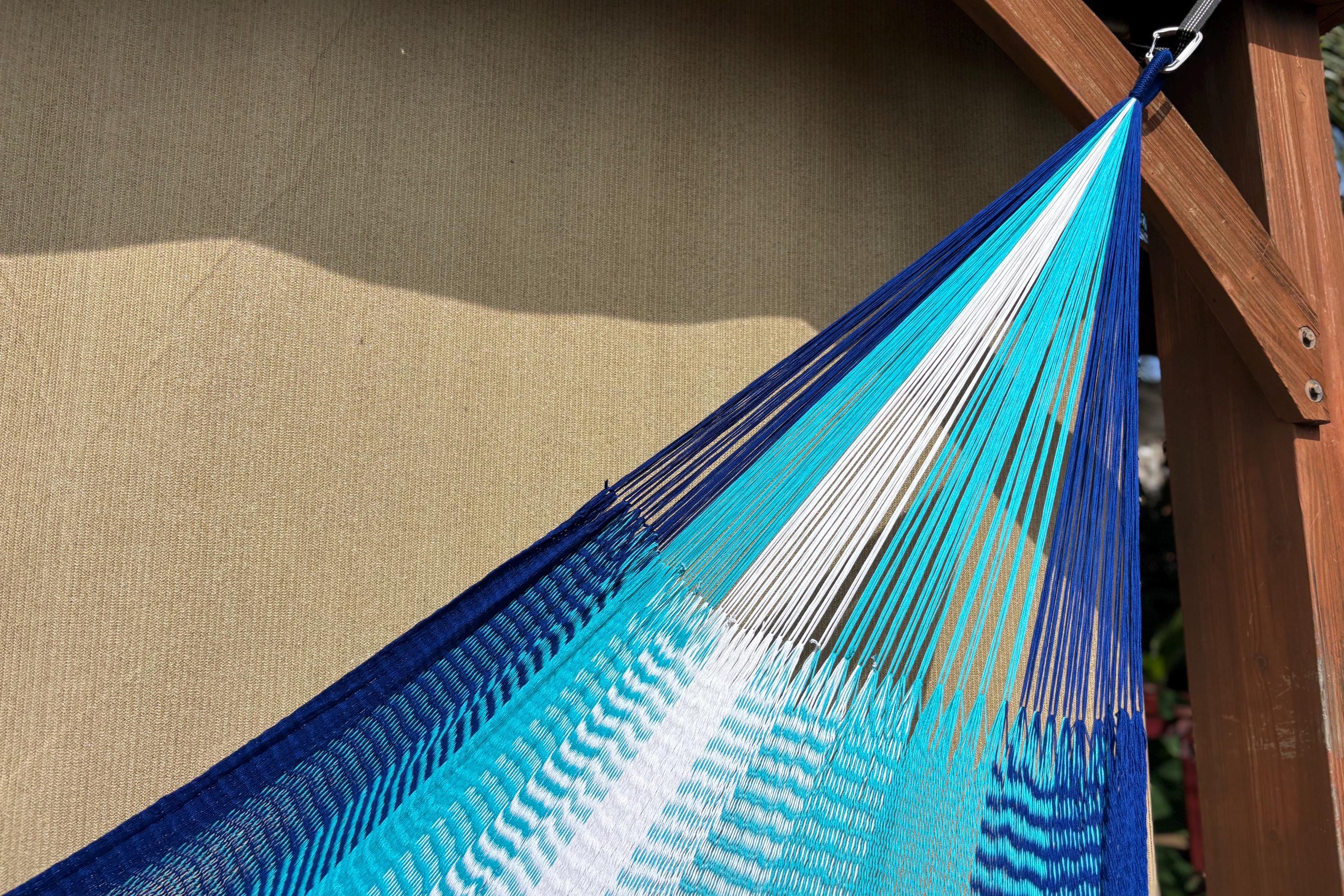 Handwoven Thai Hammock • Weather-Resistant, Fair Trade Nalu Blend (Dark Blue, Light Blue, White)