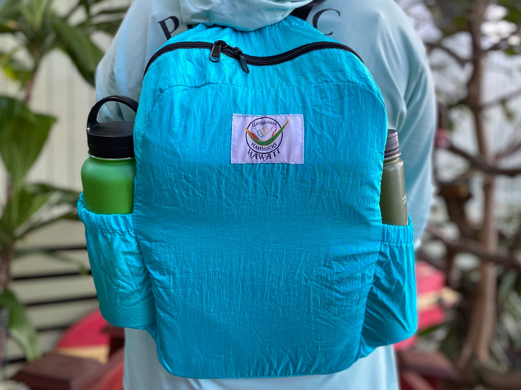 Parachute Silk Backpack • Aqua • Ultralight 6.6 oz • Foldable Travel Pack • XL Drink Holders • Free Shipping from Maui