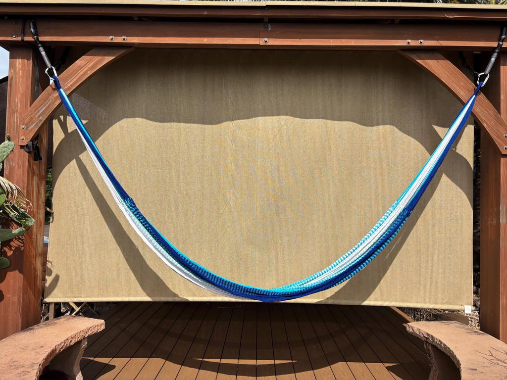 Handwoven Thai Hammock • Weather-Resistant, Fair Trade Nalu Blend (Dark Blue, Light Blue, White)
