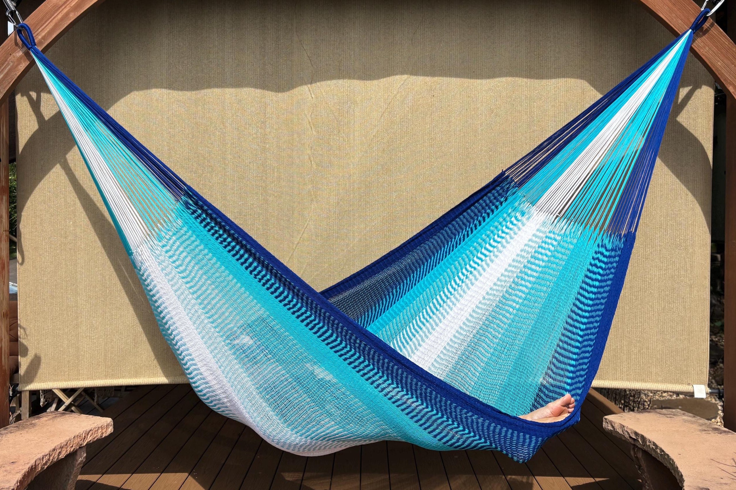 Handwoven Thai Hammock • Weather-Resistant, Fair Trade (Light Blue, Dark Blue, White Blend)