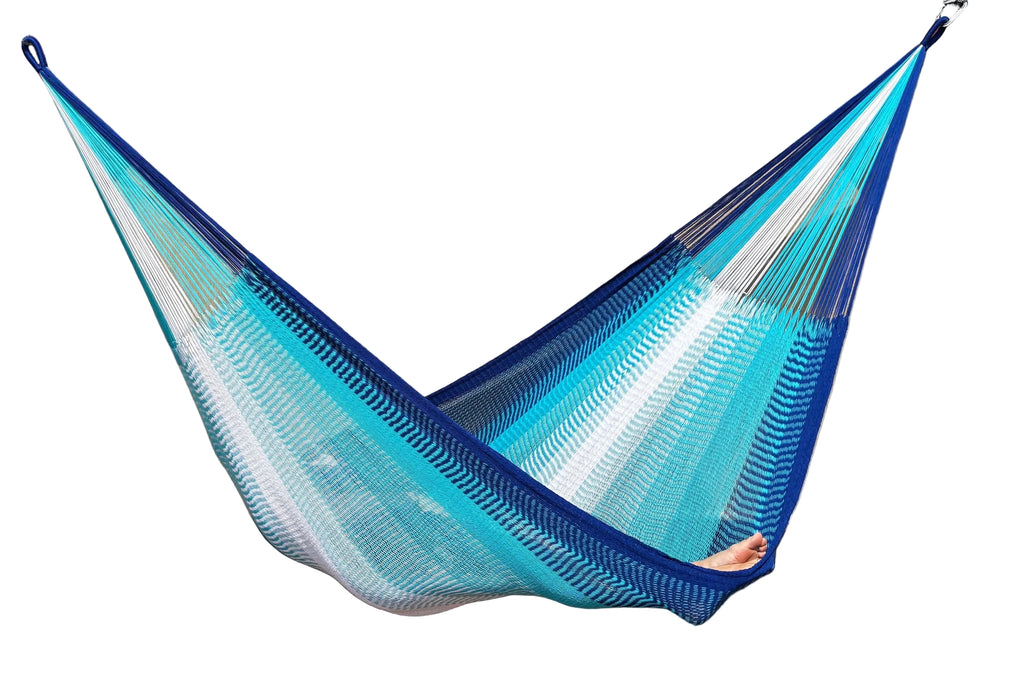 Handwoven Thai Hammock • Weather-Resistant, Fair Trade (Light Blue, Dark Blue, White Blend)
