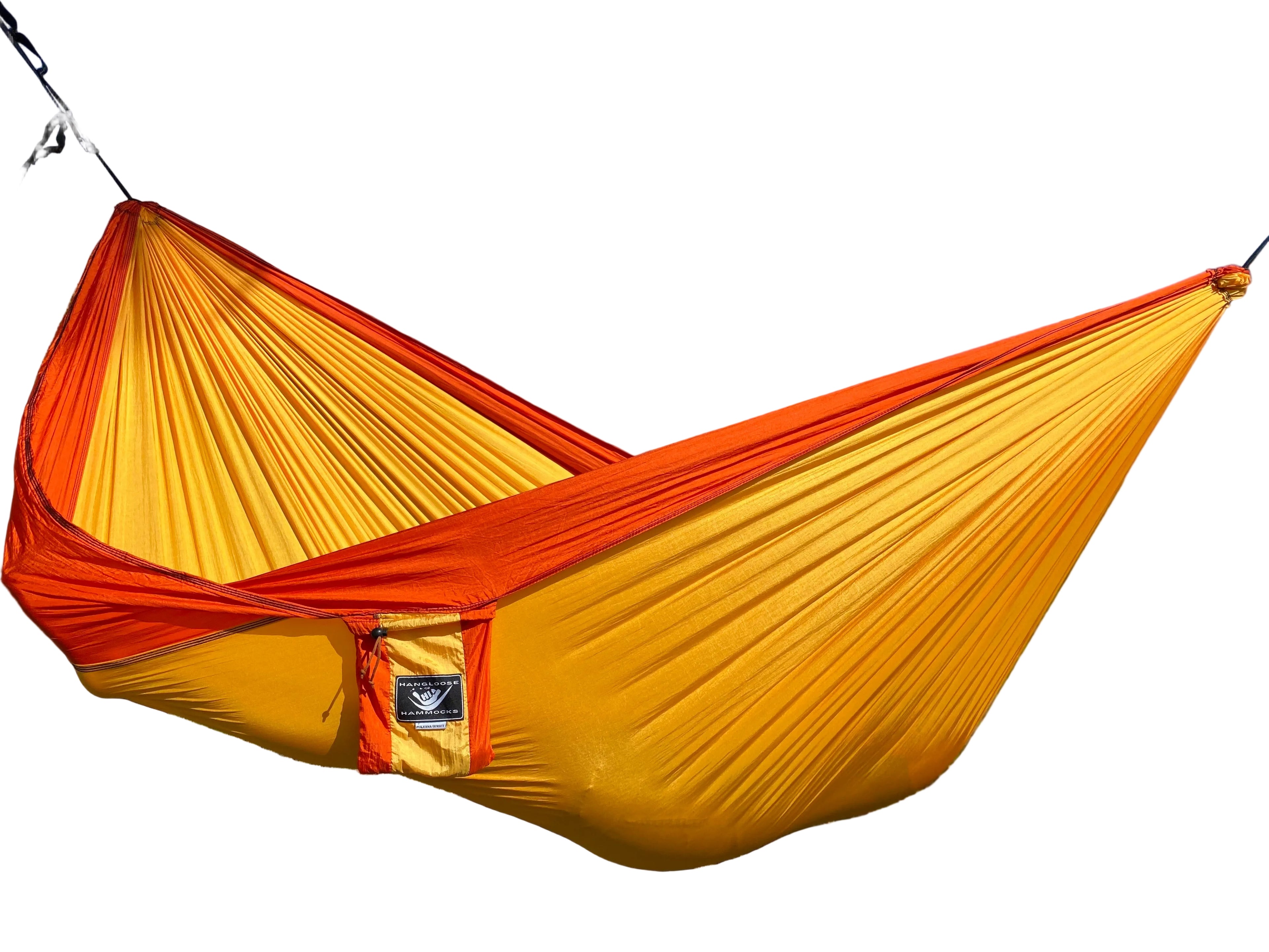 Parachute Silk Camping Hammock • Puka’ana/Sunset • Double XXL 6.5’x10’ • 440 lb Rated • Includes Carabiners & Stuff Sack • Ultralight & Packable • Handcrafted in Bali Since 1996