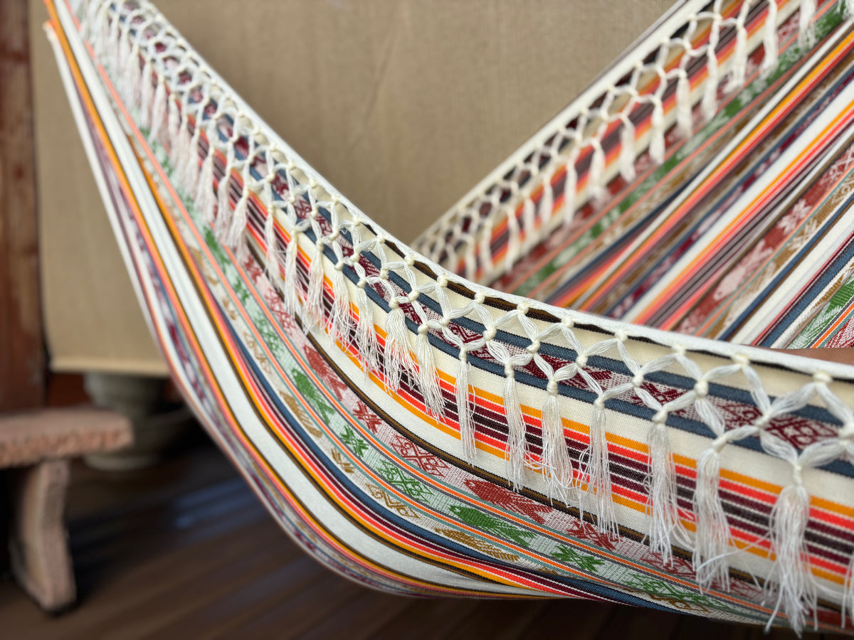 Braided Fringe Hammock: Inca Pattern, UV & Mildew Resistant, Lightweight, Cream Multicolor