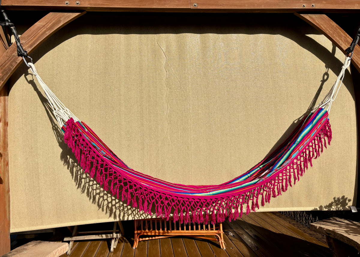 Braided Fringe Hammock: Inca Pattern, UV & Mildew Resistant, Lightweight, Fuchsia Color