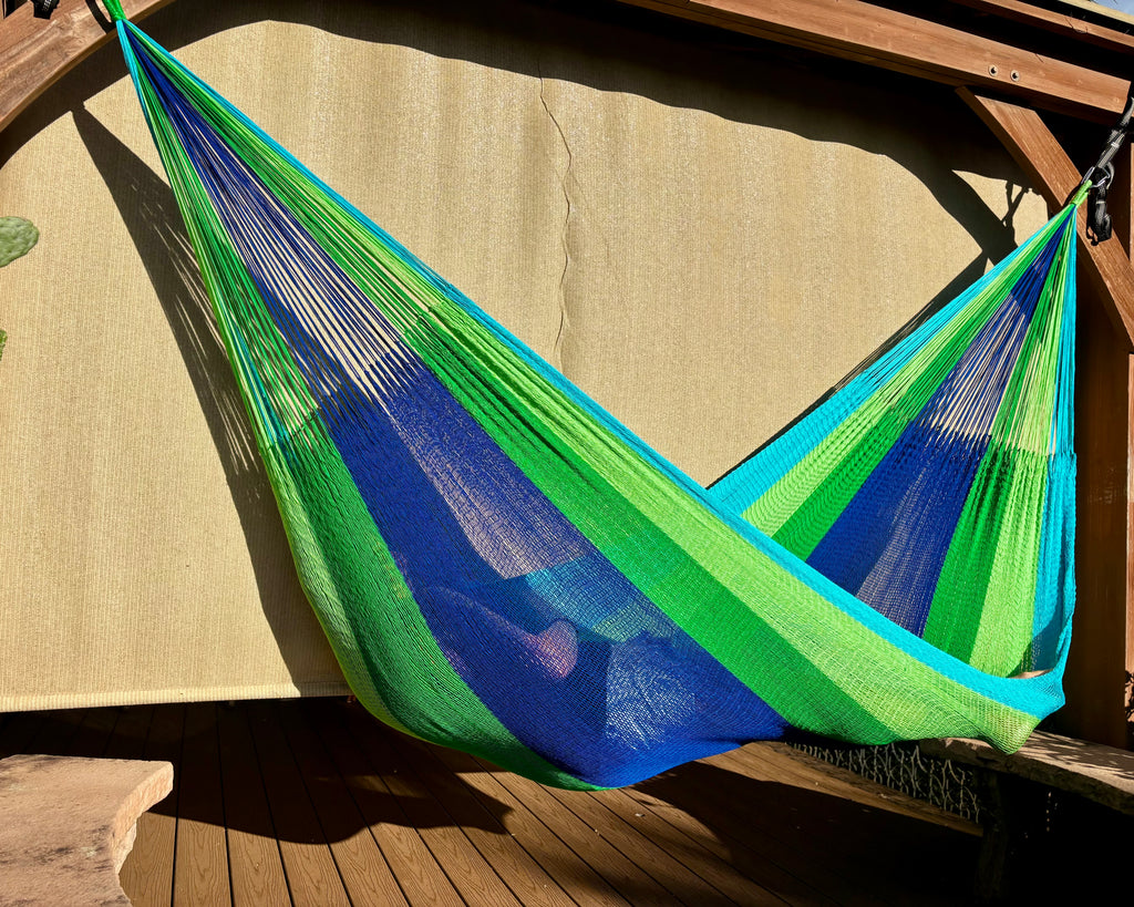 Handwoven Thai Hammock • Weather-Resistant, Fair Trade, Lightweight Green, Dark Green, Aqua, Blue Blend