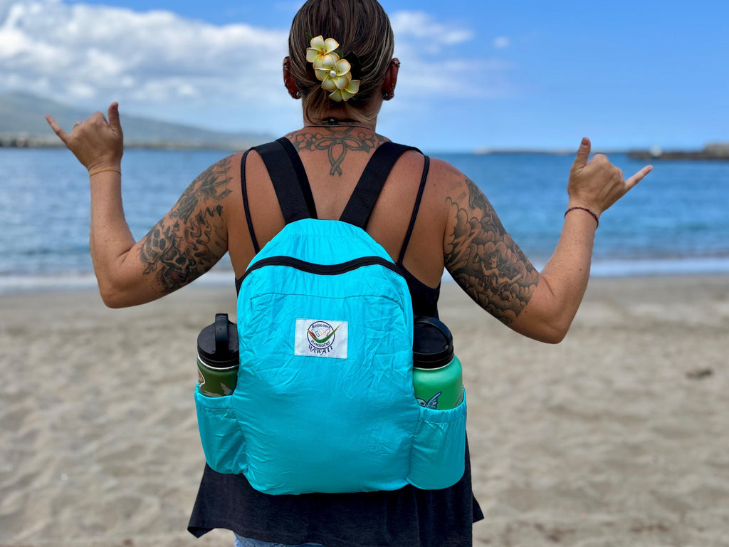 Parachute Silk Backpack • Aqua • Ultralight 6.6 oz • Foldable Travel Pack • XL Drink Holders • Free Shipping from Maui