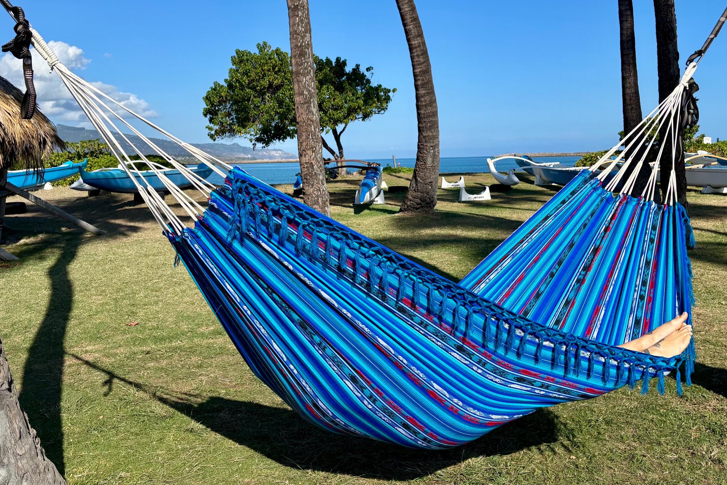 Ecuador Fringe Hammock • Blue Blend • Handwoven by Artisans • UV-Resistant • 500 lb Rated • Fair Trade • Free Shipping