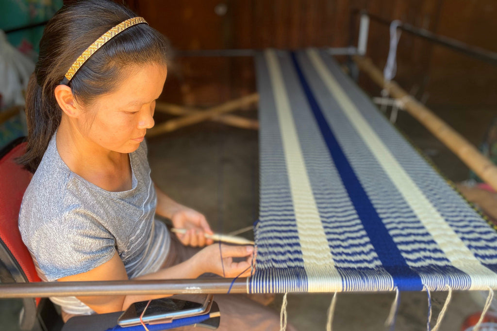 Handwoven Thai Hammock • Weather-Resistant, Fair Trade Light Blue, Dark Blue, Peach Blend